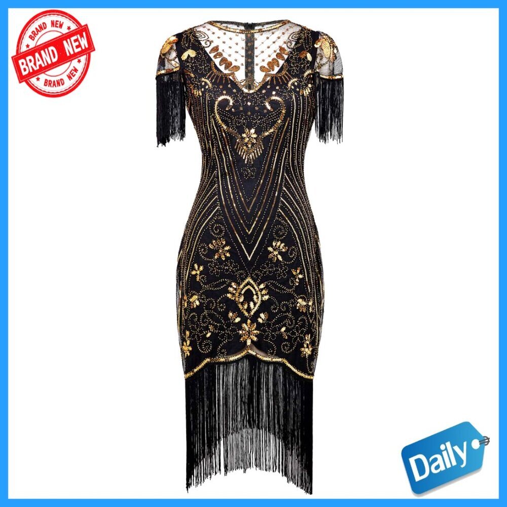 1920s Sequin Flapper Dress with Lace Neck for Gatsby Parties